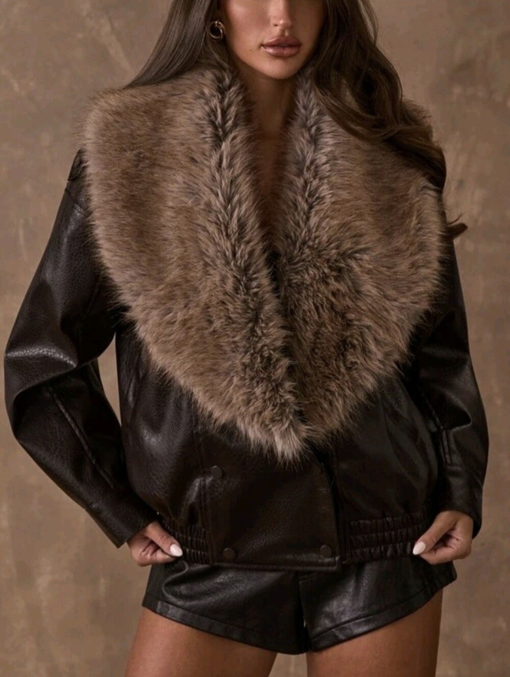 Women's Loose Short Faux Leather Motorcycle Jacket With Fur Collar, Faux Fur